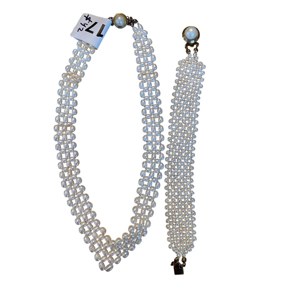 Vintage Faux Pearl Necklace & Bracelet Set With Gold Clasp
